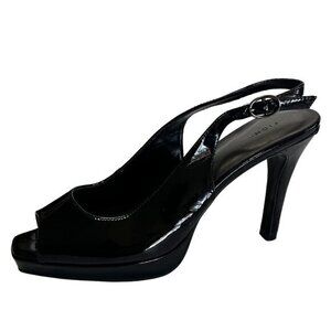 Fioni Women's Black Patent Leather Slingback‎ Heels Size 8 4-Inch Heel Peep Toe